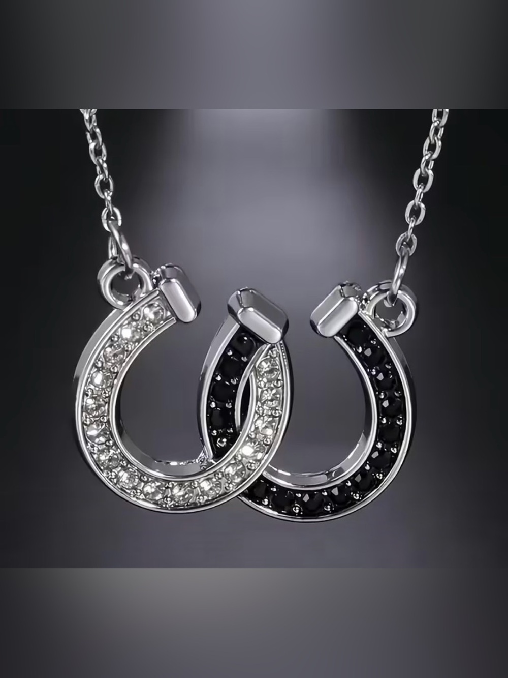 Silver Double Horseshoe Necklace with Black and White Crystals